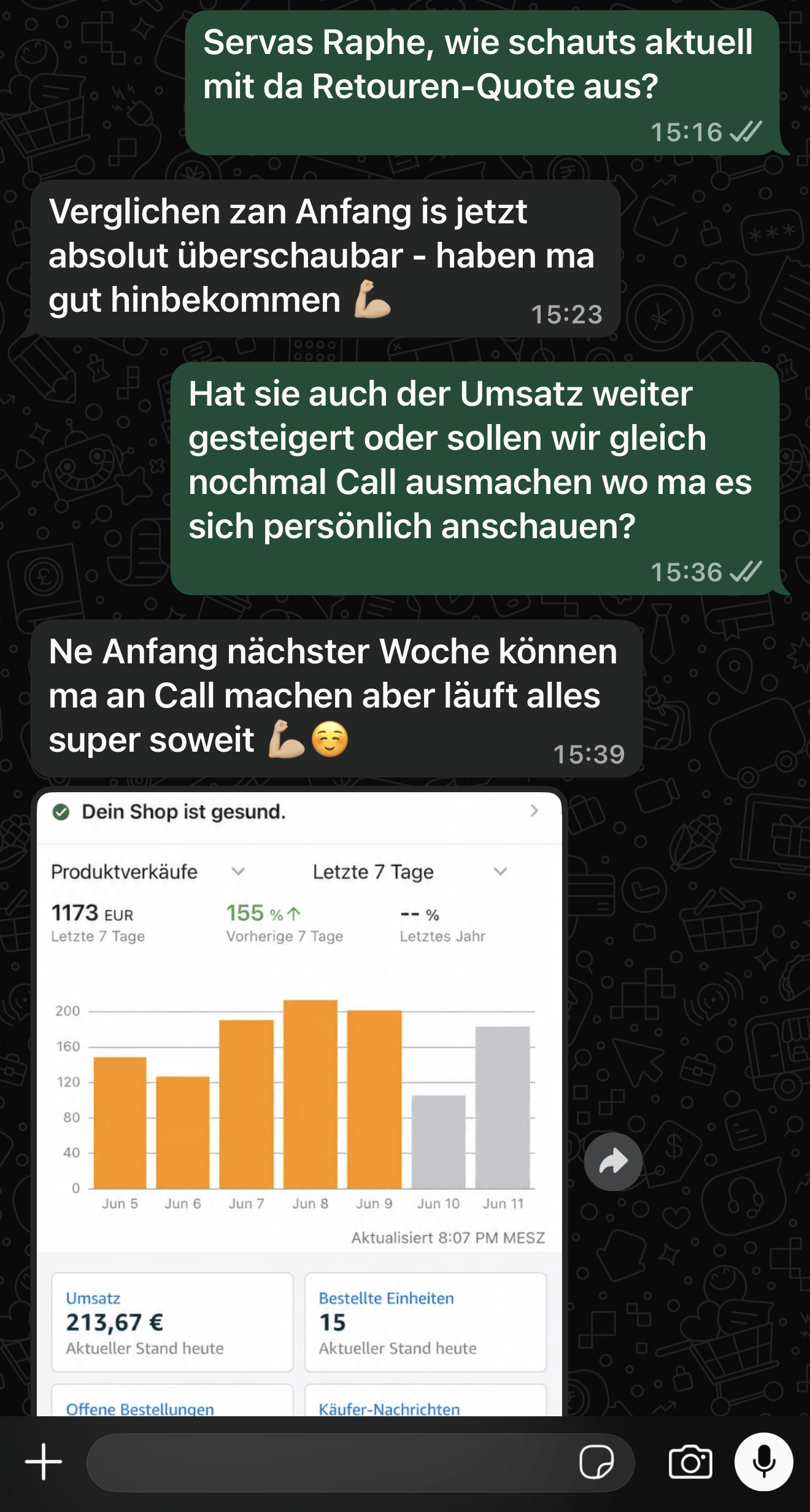 WhatsApp-Verlauf mit einem Teilnehmer: Retouren-Quote im Griff, Amazon-Dashboard zeigt 1.173 EUR in den letzten 7 Tagen, plus 155 Prozent.