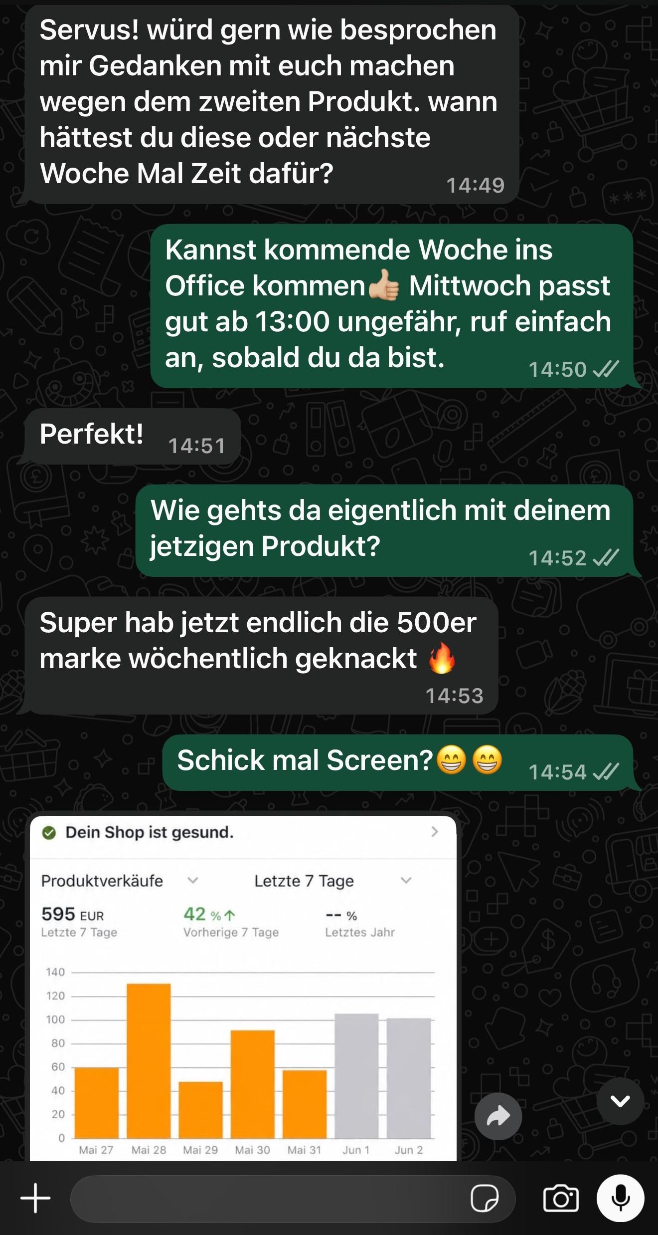 WhatsApp-Verlauf mit einem Teilnehmer: wöchentliche 500-Euro-Marke geknackt, Dashboard zeigt 595 EUR in den letzten 7 Tagen, plus 42 Prozent.