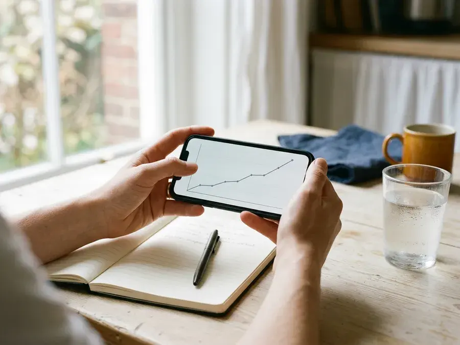 Hände halten ein Smartphone mit einer steigenden Kurve, daneben ein Notizbuch auf einem hellen Tisch.