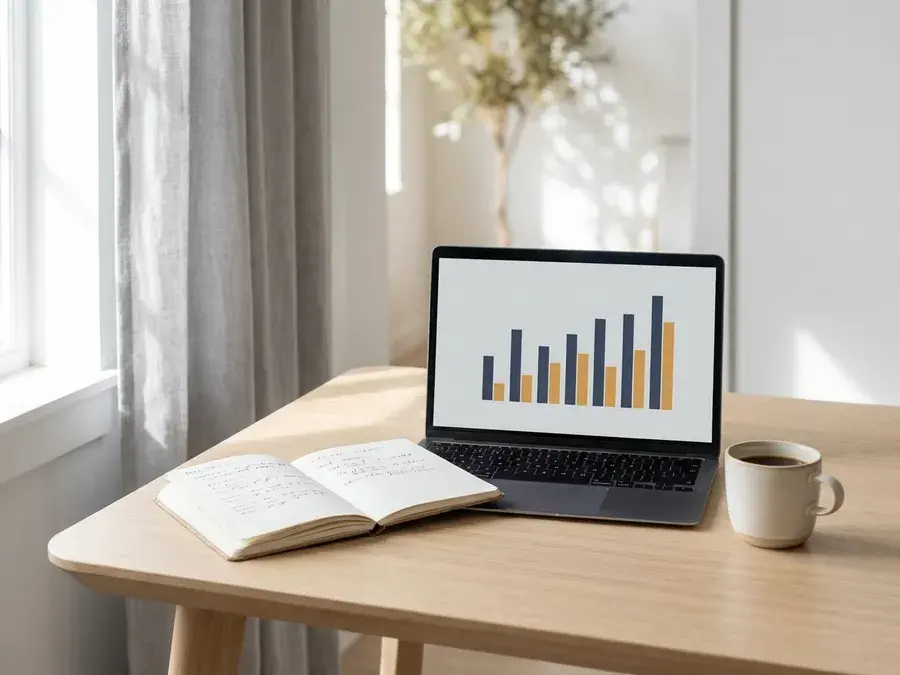 Laptop mit einem einfachen Balkendiagramm auf einem hellen Schreibtisch, daneben ein Notizbuch und eine Tasse Kaffee.
