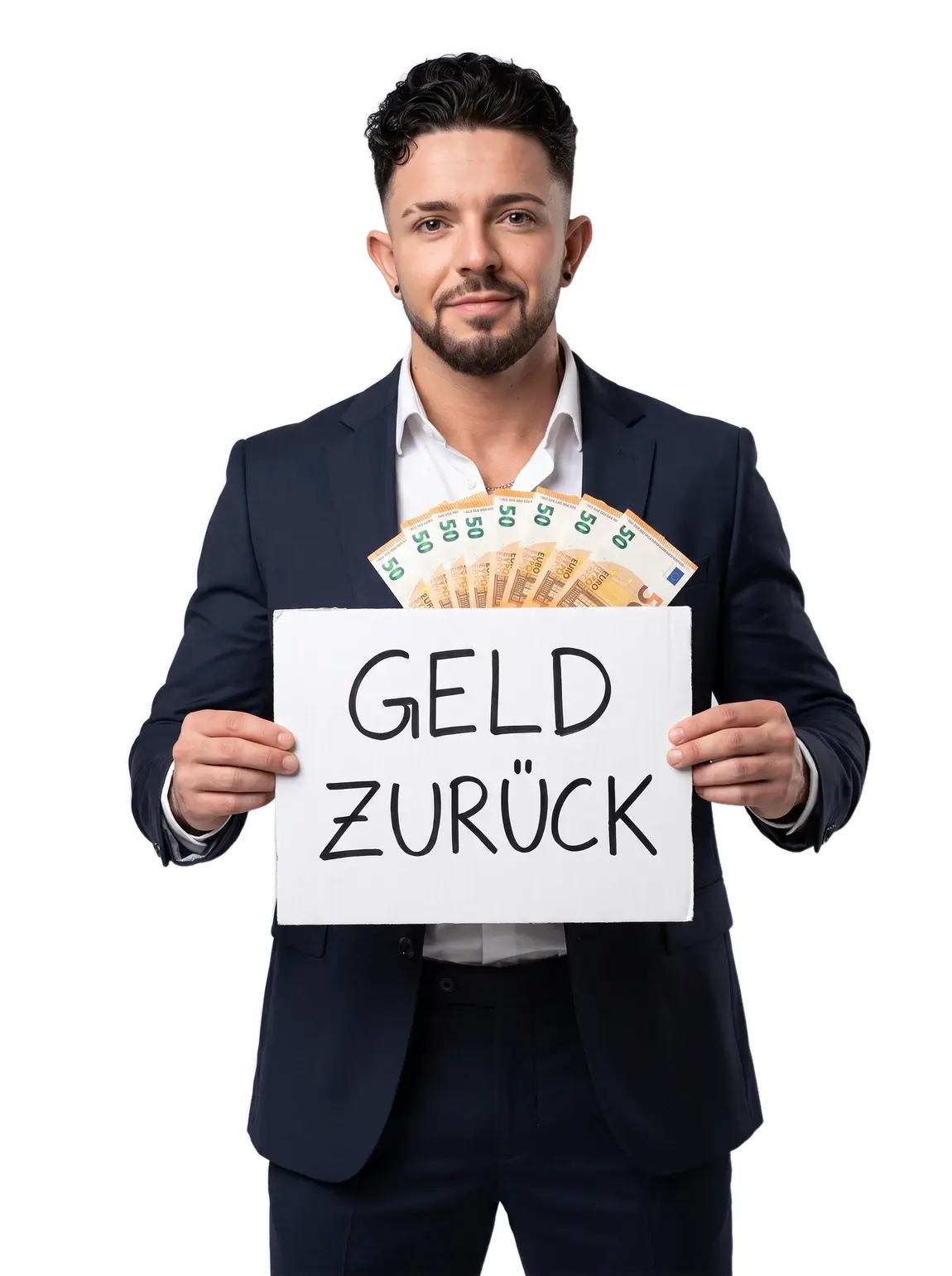 Manuel Rosenberger im Anzug hält ein Schild mit der Aufschrift Geld zurück und Euro-Scheinen.