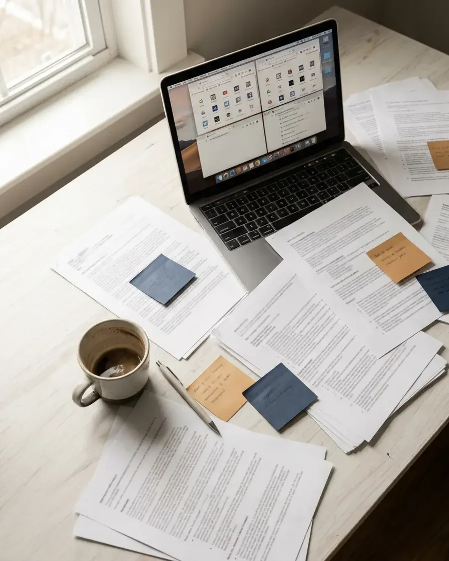 Heller Schreibtisch am Fenster, übersät mit ausgedruckten Seiten und Notizzetteln, dazu ein Laptop mit vielen offenen Fenstern und eine halb leere Tasse Kaffee.