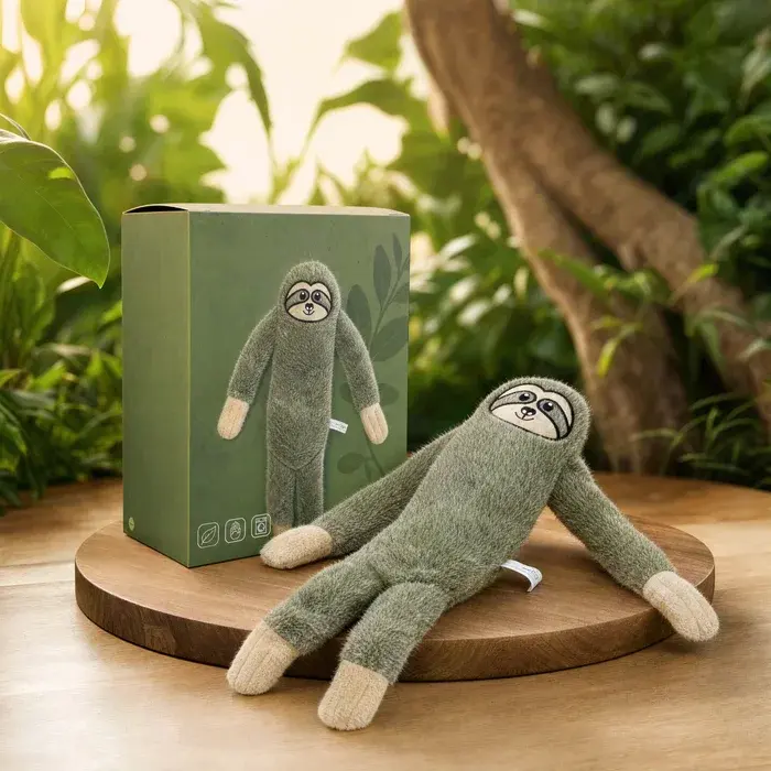Produktfoto eines Teilnehmers: Hundespielzeug in Faultierform mit Verpackung.