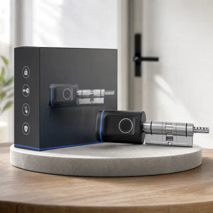 Produktfoto eines Teilnehmers: elektronisches Türschloss mit Verpackung.